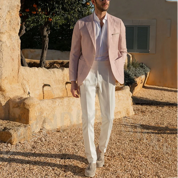 Classic Linen Men's Two Piece Suit Contrast Color Single Breasted Slim Fit Summer Beach Daily Casual Outfit Fashion Streetwear