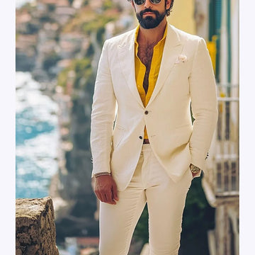 Summer Linen Men's Suits Single Breasted Peak Lapel Casual Suit 2 Piece Slim Fit Beach Wedding Party Gown Fashion Blazer Pants