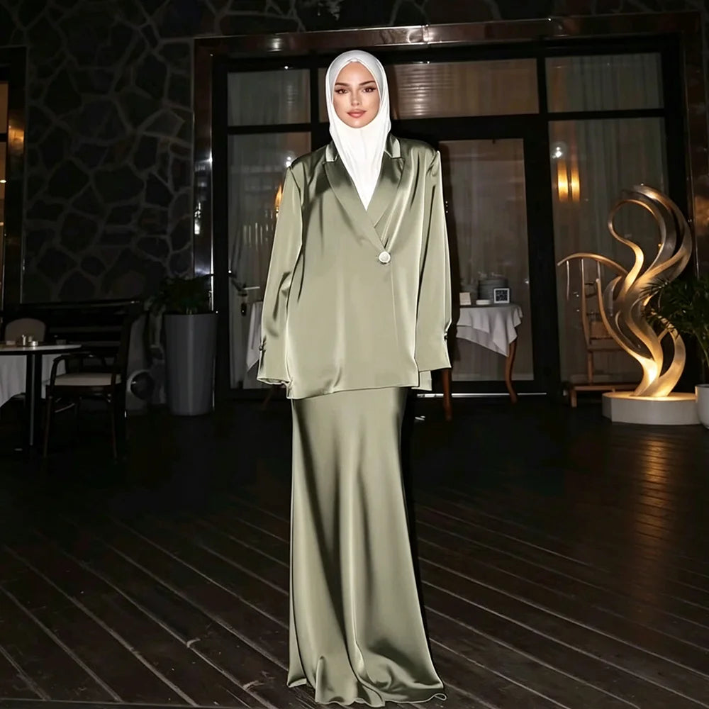 Elegant Satin Single Breasted Women's 2 Pieces Jacket Skirt Smart Casual Chic Office Female Outfit Trajes De Mujer Elegante