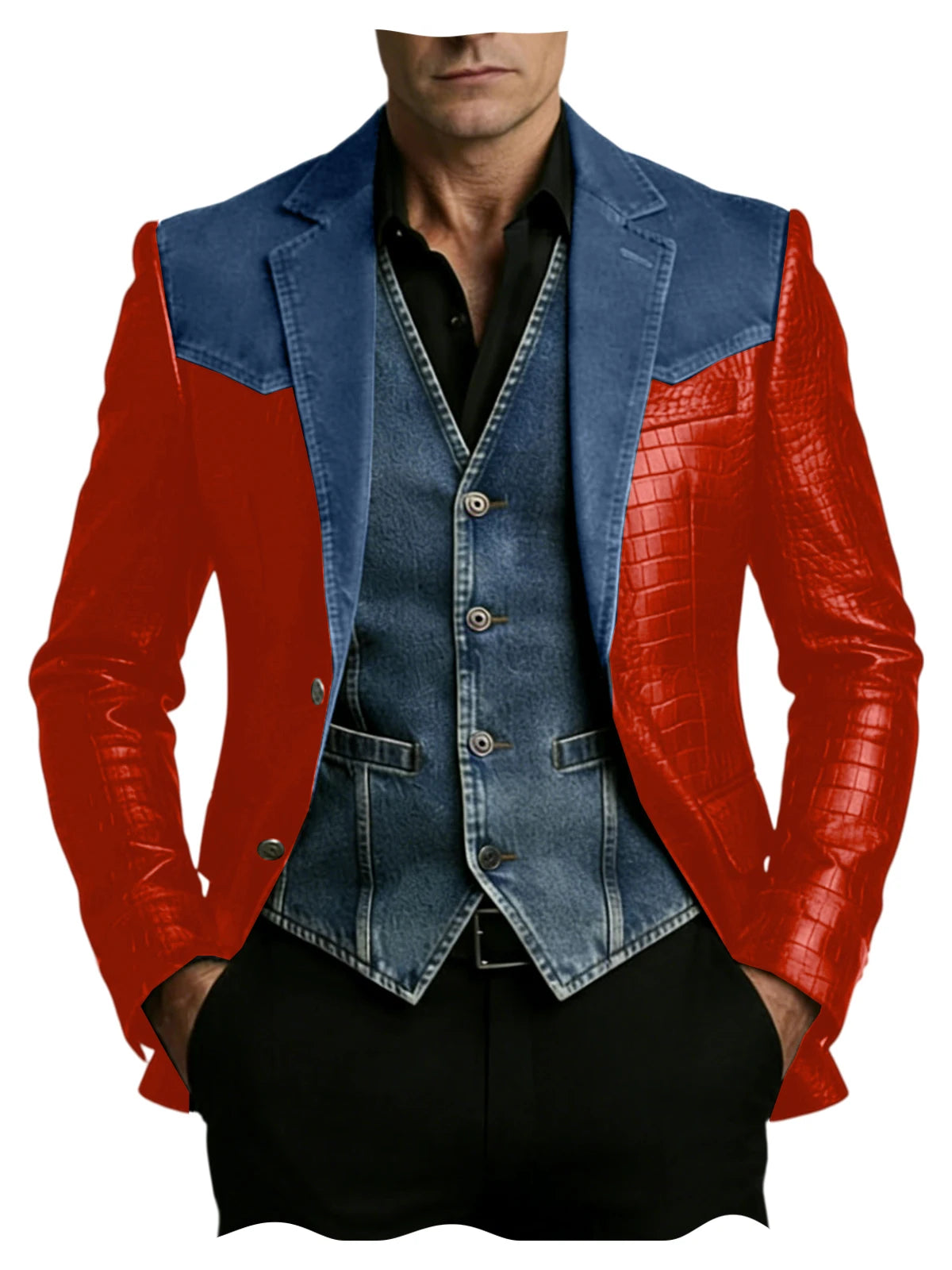 Men's Blazer Luxury Crocodile Embossed Leather Patchwork Denim Suit Jacket Notched Lapel Western Cowboy Party Casual Streetwear