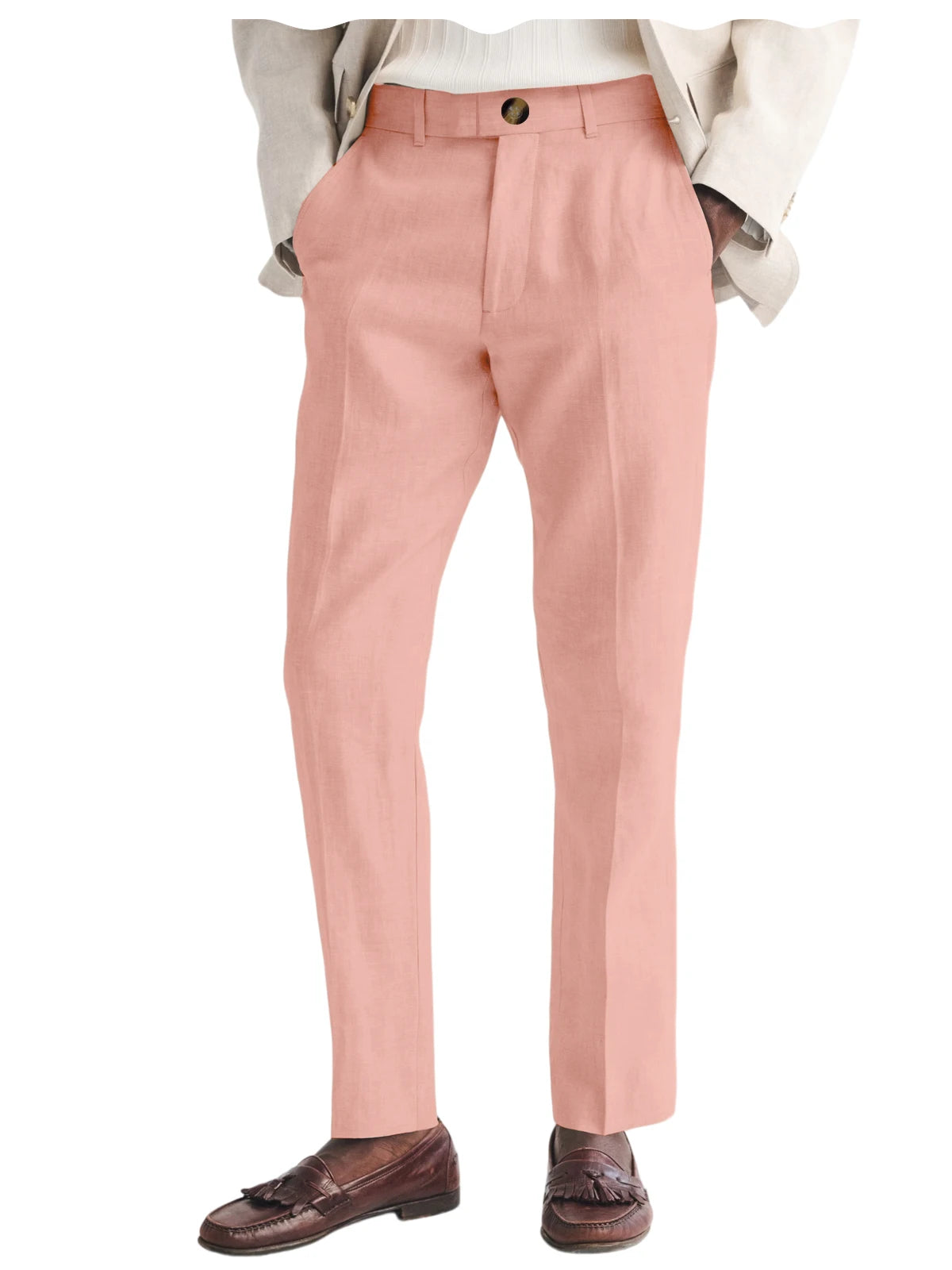 Men's Linen Straight Fit Pants Wrinkle-Resistant Lightweight Breathable Flat-Front Casual Trousers Expandable-Waist For Summer