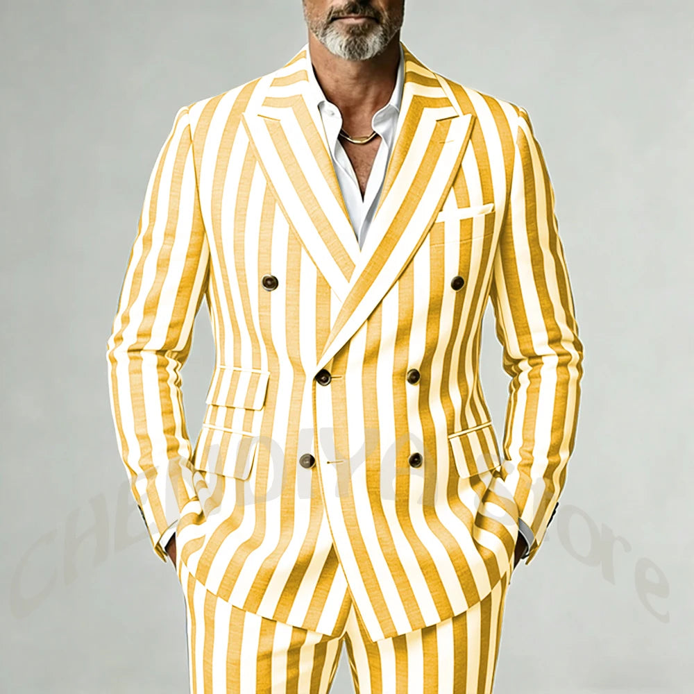 Casual Wide Striped Men's Suit Double Breasted Peaked Lapel Tailored Costume Homme Smart Business Office Daily Party Outfit
