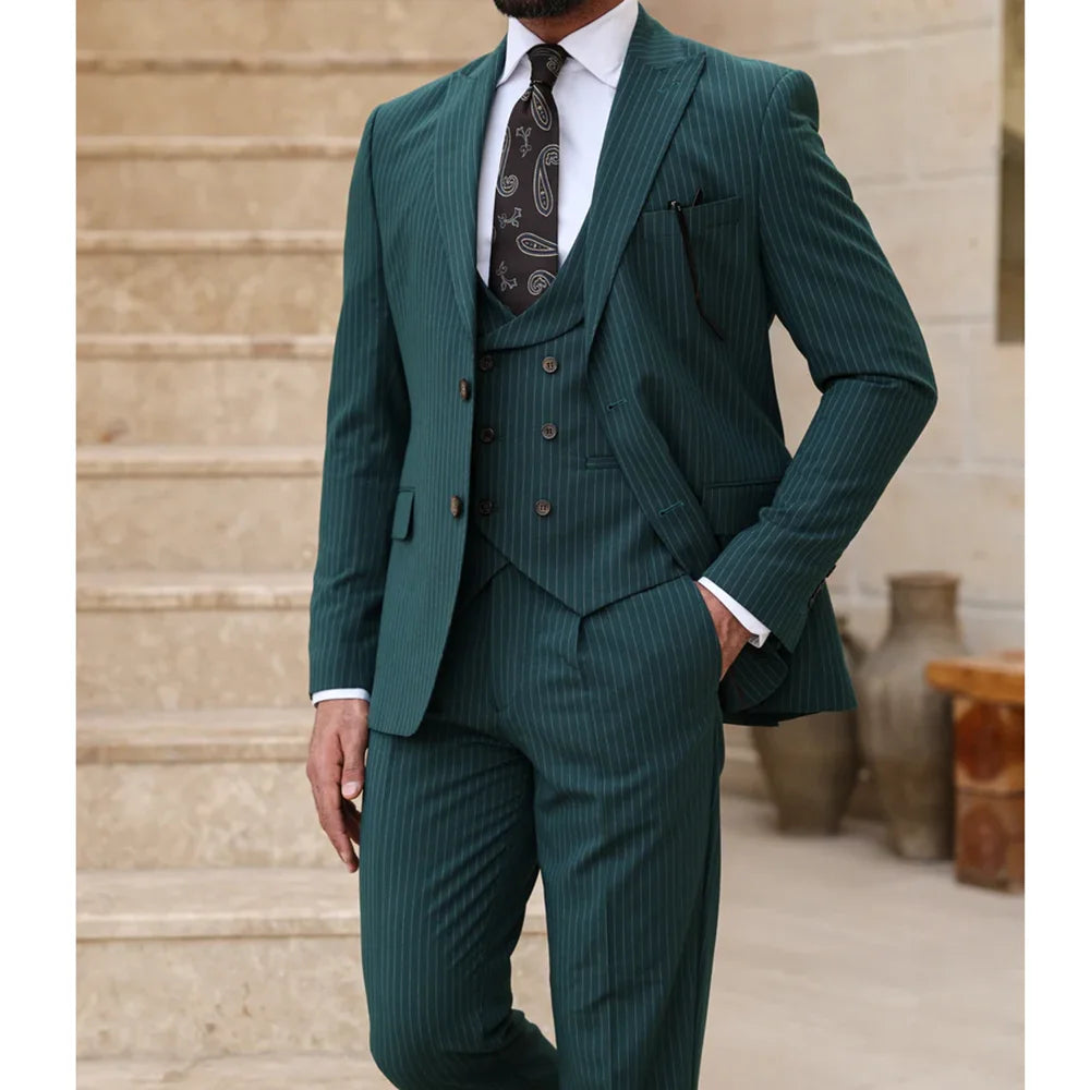 Customized Stripe Men's Suits Fashion Single Breasted Peak Lapel Elegant Man Suit Smart Casual Business Office Formal Blazer