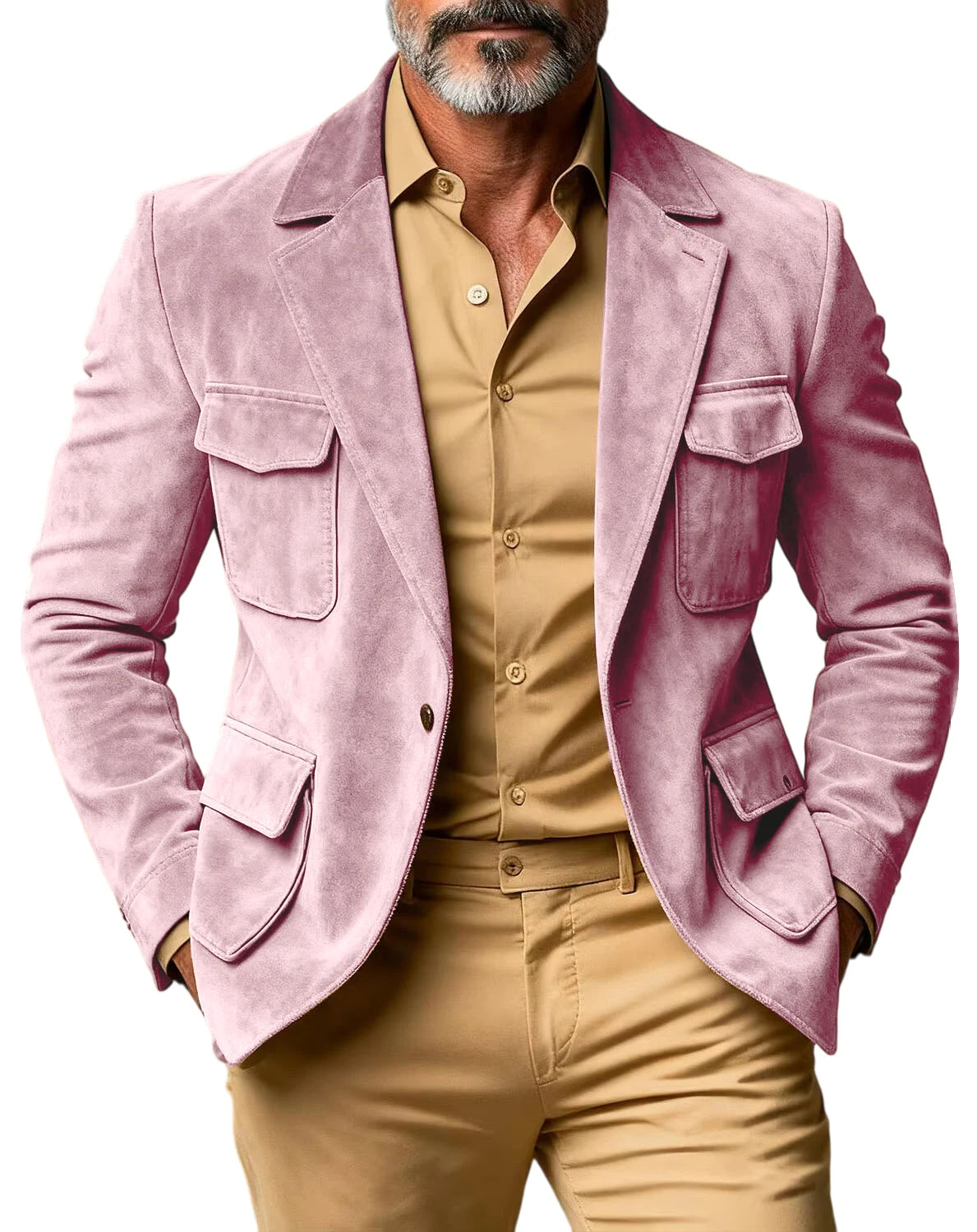 Men's Suede Safari Blazer Slim Fit Notch Lapel Multi-Pocket Hunting Jacket Autumn Winter Casual Business Sport Coat