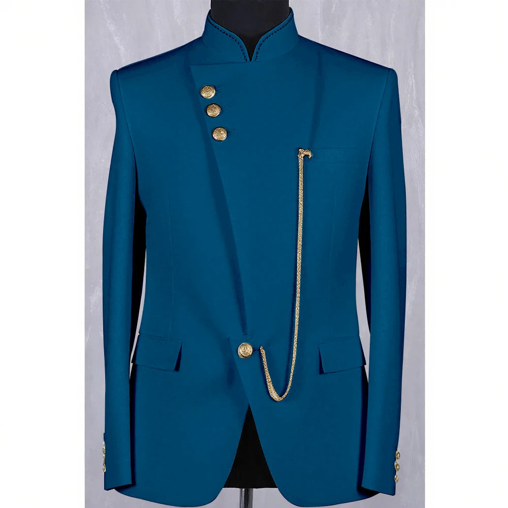 High Quality Blue Men Suit Casusl Blazer Single Breasted Stand Collar African Slim Fit Modern Style Outfits Jacket Pants