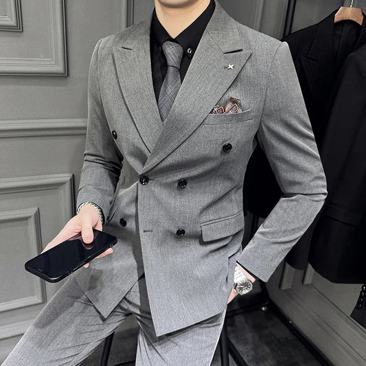 (Jacket+Vest+Pants)Men Spring High Quality Double-breasted Suits/Male Slim Fit Groom's Wedding Dress Fashion Three-piece Set