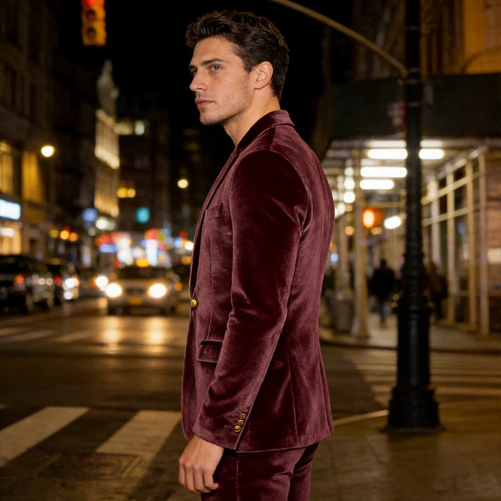 Men's Velvet Blazer Notch Lapel Slim Fit Suit Jacket With Gold One Button Suit Coat For Wedding Party Prom