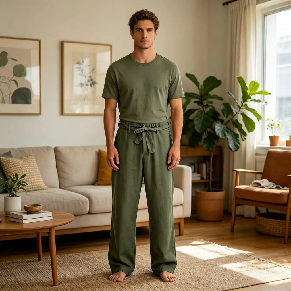Vintage Men's Tie Waist Linen Blend Pants High Waist Wide Leg Casual Trousers Soft Breathable Lounge Pants for Men