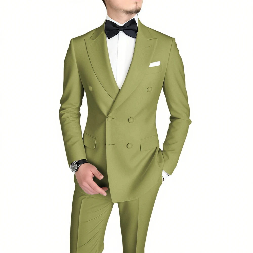Classic Black Men's Suit Fashion Peak Lapel Double Breasted Outfits Wedding Groom Prom Business Formal Suit (Jacket+Pants)