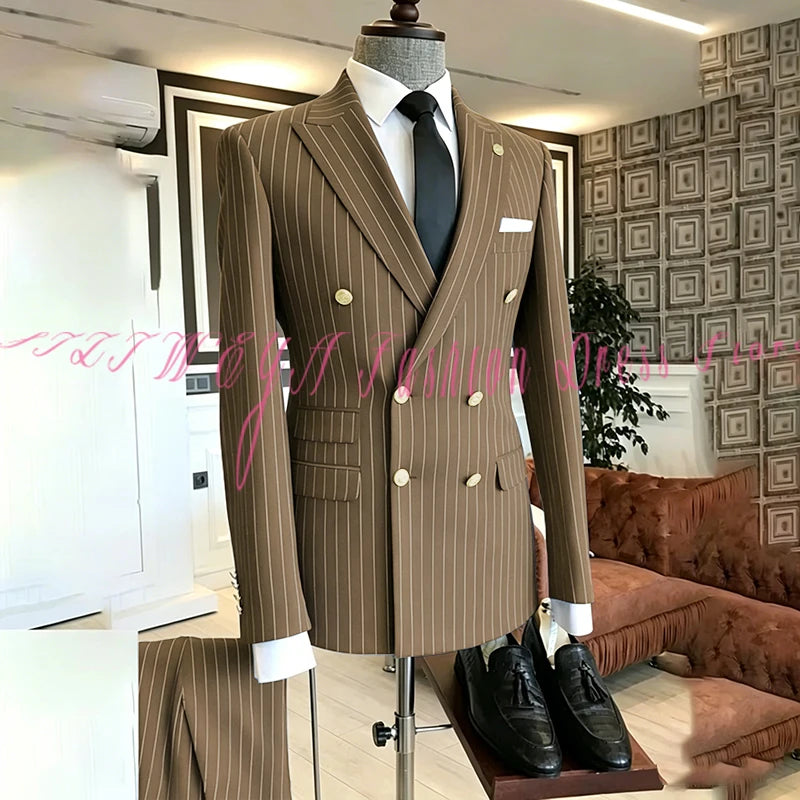 2025 Men's High-End Boutique Suit Stripe Trousers Set Wedding Party Fashion Business Casual Trendy Two-Piece Ensemble