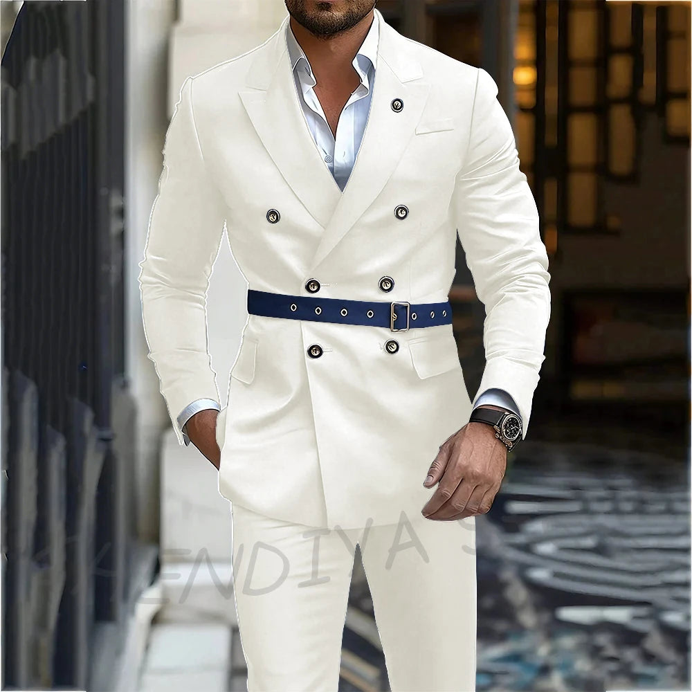 Navy Blue Men's Suit Classic Peak Lapel Blazer Double Breasted Formal Set Two Piece Business Casual Male Clothing Without Belt