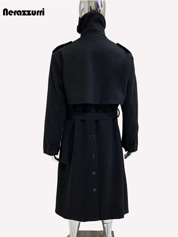Nerazzurri Autumn Winter Long Oversized Black Warm Woolen Coat Men Belt Chic Luxury Designer Clothes Wool Blends Overcoat 2024