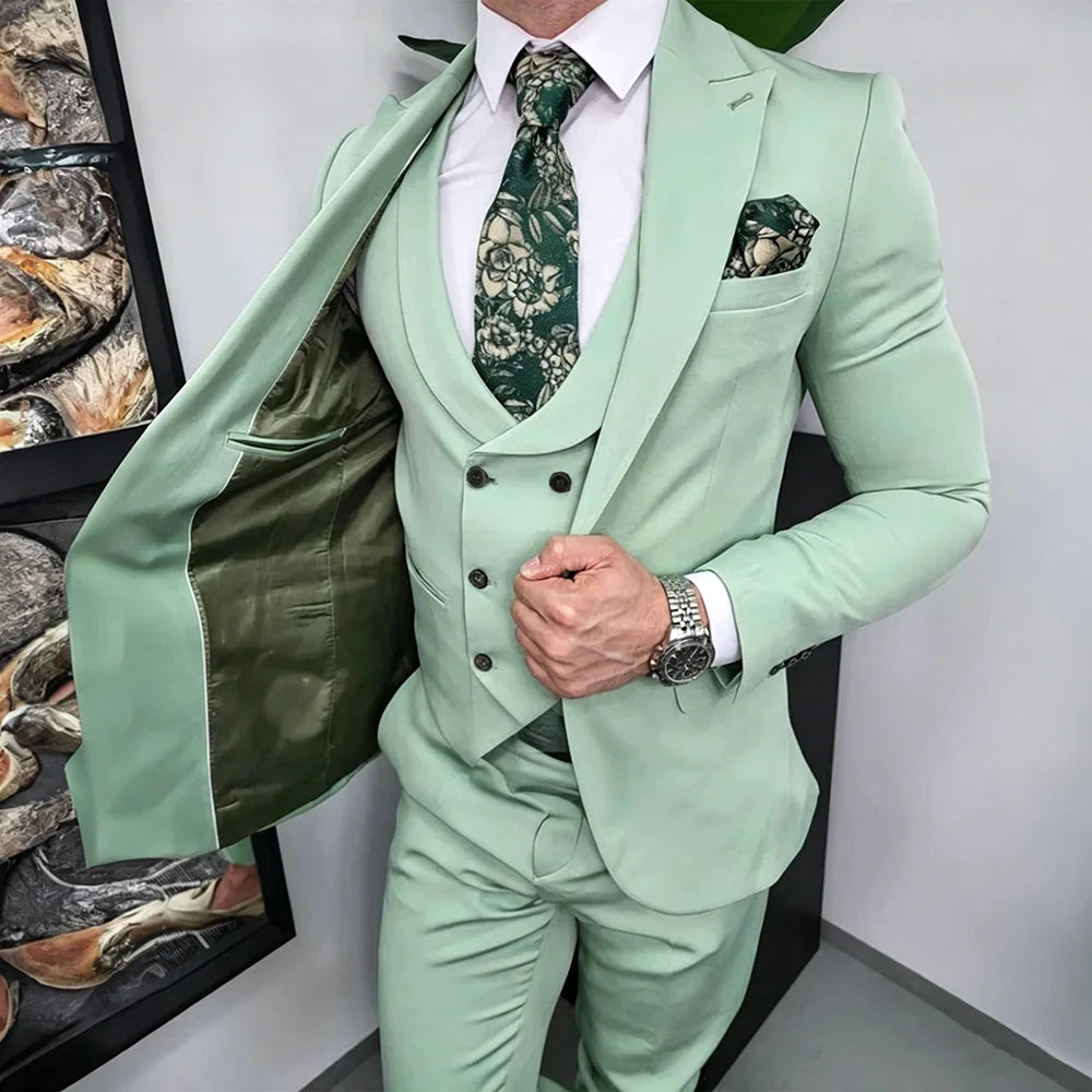 Mint Green Peak Lapel Slim Fit Men's Suit Business Casual 3 Pieces Jacket Vest Pants Fashion Blazer Set Wedding Groom Tuxedos