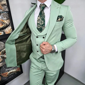 Mint Green Peak Lapel Slim Fit Men's Suit Business Casual 3 Pieces Jacket Vest Pants Fashion Blazer Set Wedding Groom Tuxedos