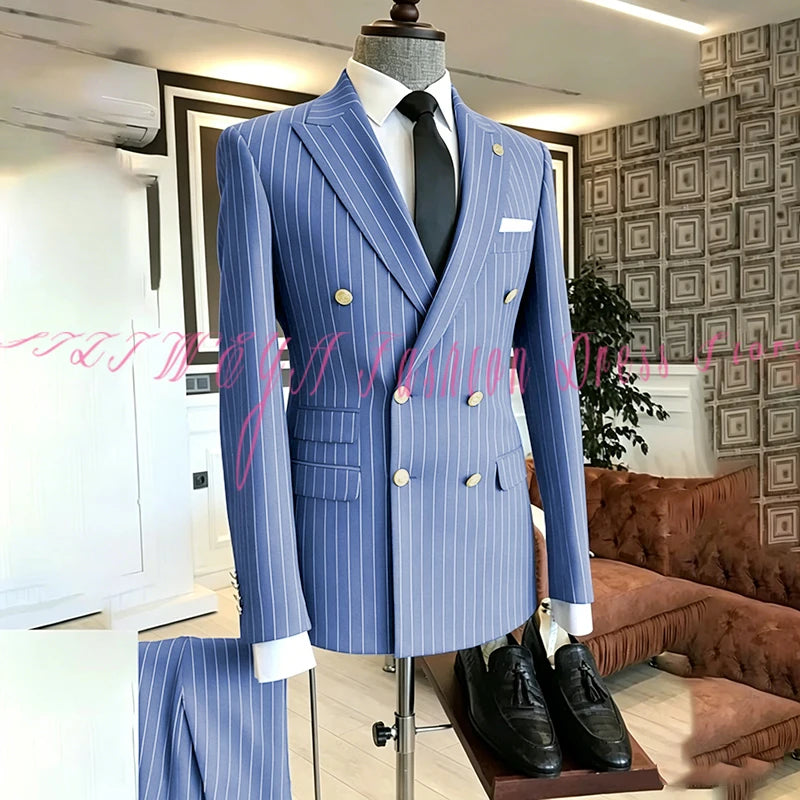 2025 Men's High-End Boutique Suit Stripe Trousers Set Wedding Party Fashion Business Casual Trendy Two-Piece Ensemble