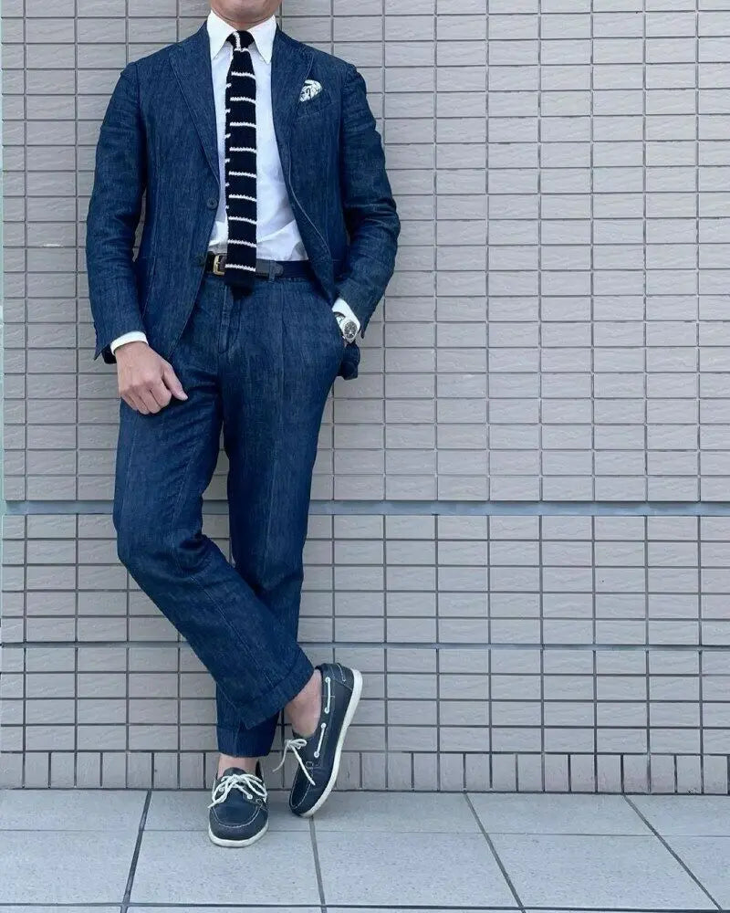 Denim Men Suits Tailor-Made 2 Pieces Slim Fit Coat Pants Prom Tuxedos Wedding Groom Formal Work Casual Tailored Costume Homme