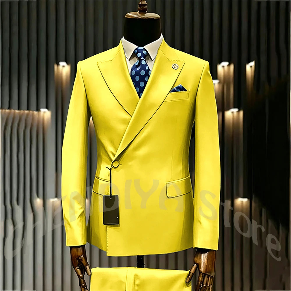 High Quality Formal Men's Suit Incline Single Button Peaked Lapel Slim Fit Business Casual Groom Wedding Set Prom Outfit
