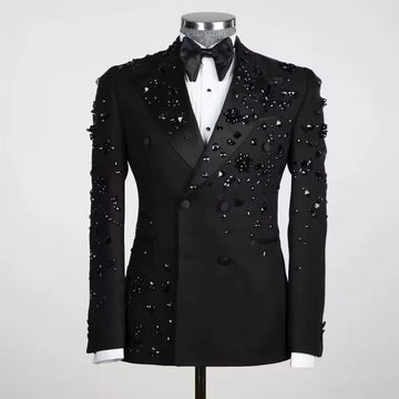 DV068 Luxury Metal Embellished Men Suits Notched Lapel Groom Tuxedos Wedding Prom Blazers Pants Outfit Terno Masculino Completo