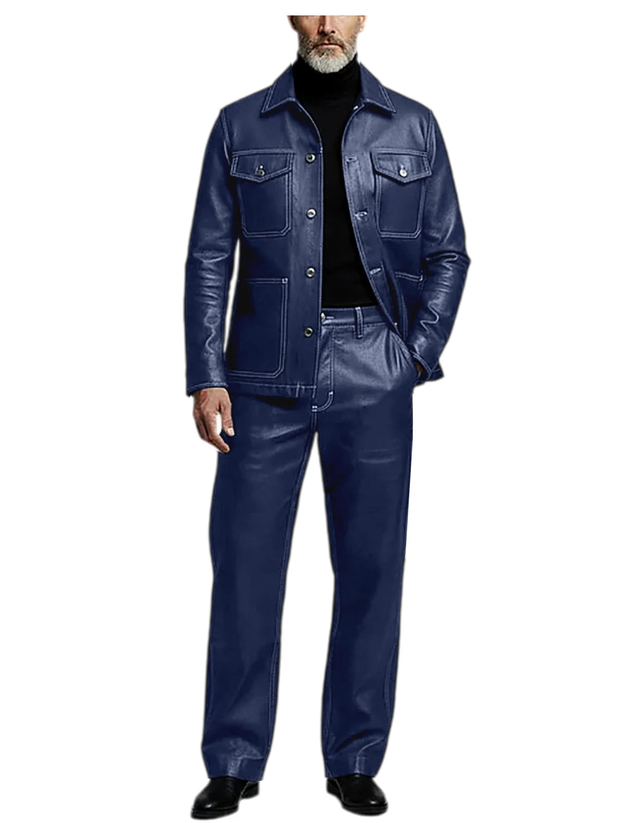 Men's 2 Piece PU Leather Suit Set Multi Pocket Shirt Collar Trucker Jacket Straight Leg Pants Business Casual Streetwear Outfits