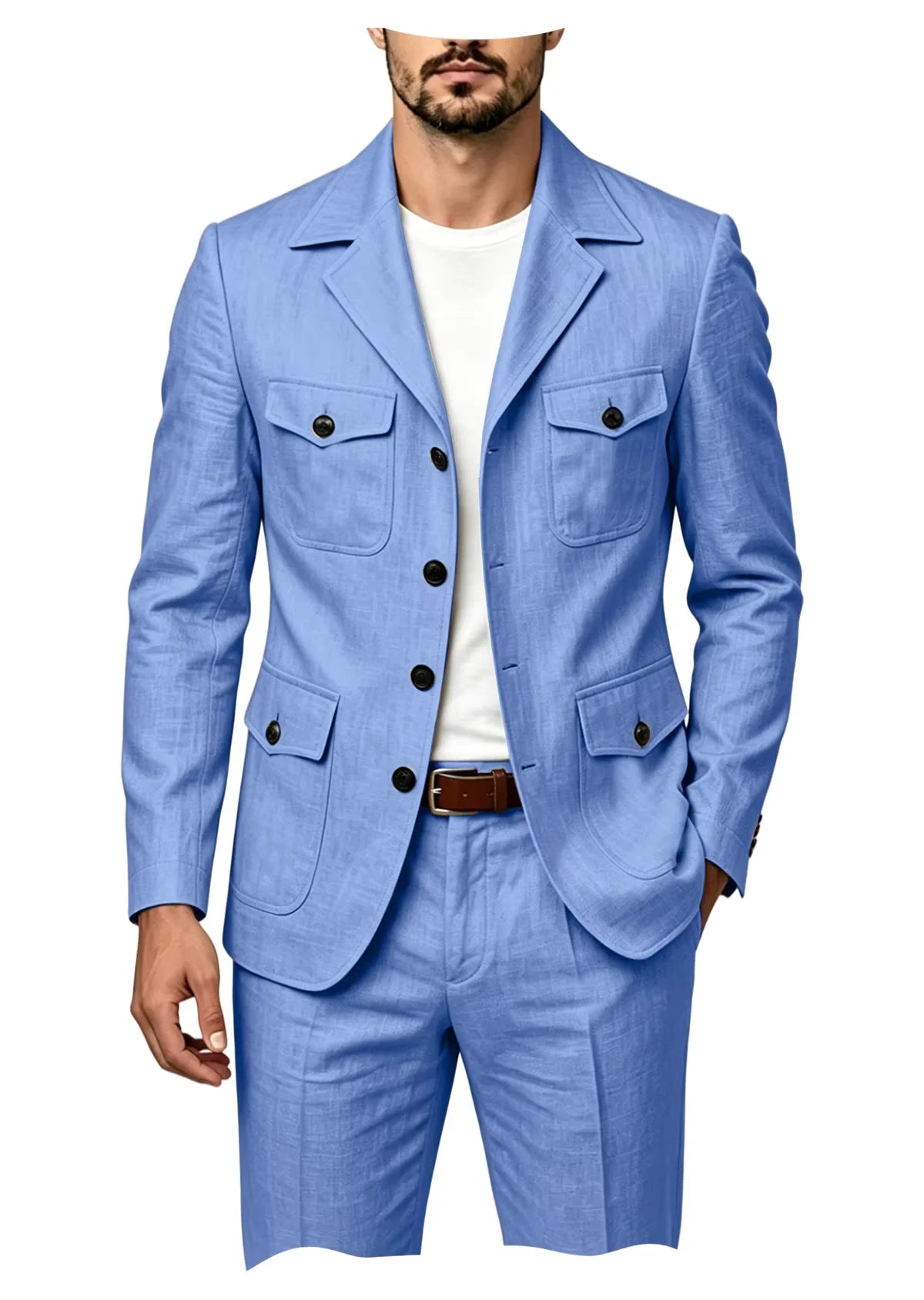 Men's Grey Linen Blend Suit 2 Piece Multi Pocket Peak Lapel Blazer pants Set Lightweight formal Suit for Summer Business Casual