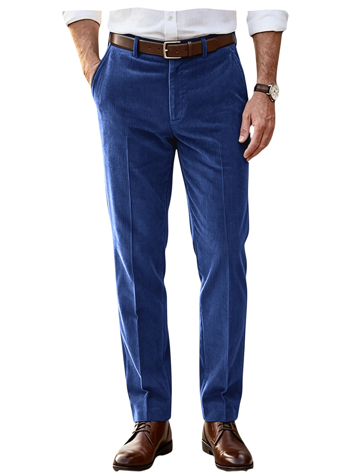 Men's Khaki Corduroy Pants Straight Leg Classic Fit Elastic Waist Comfort Wrinkle Resistant Formal Trousers For Business Office