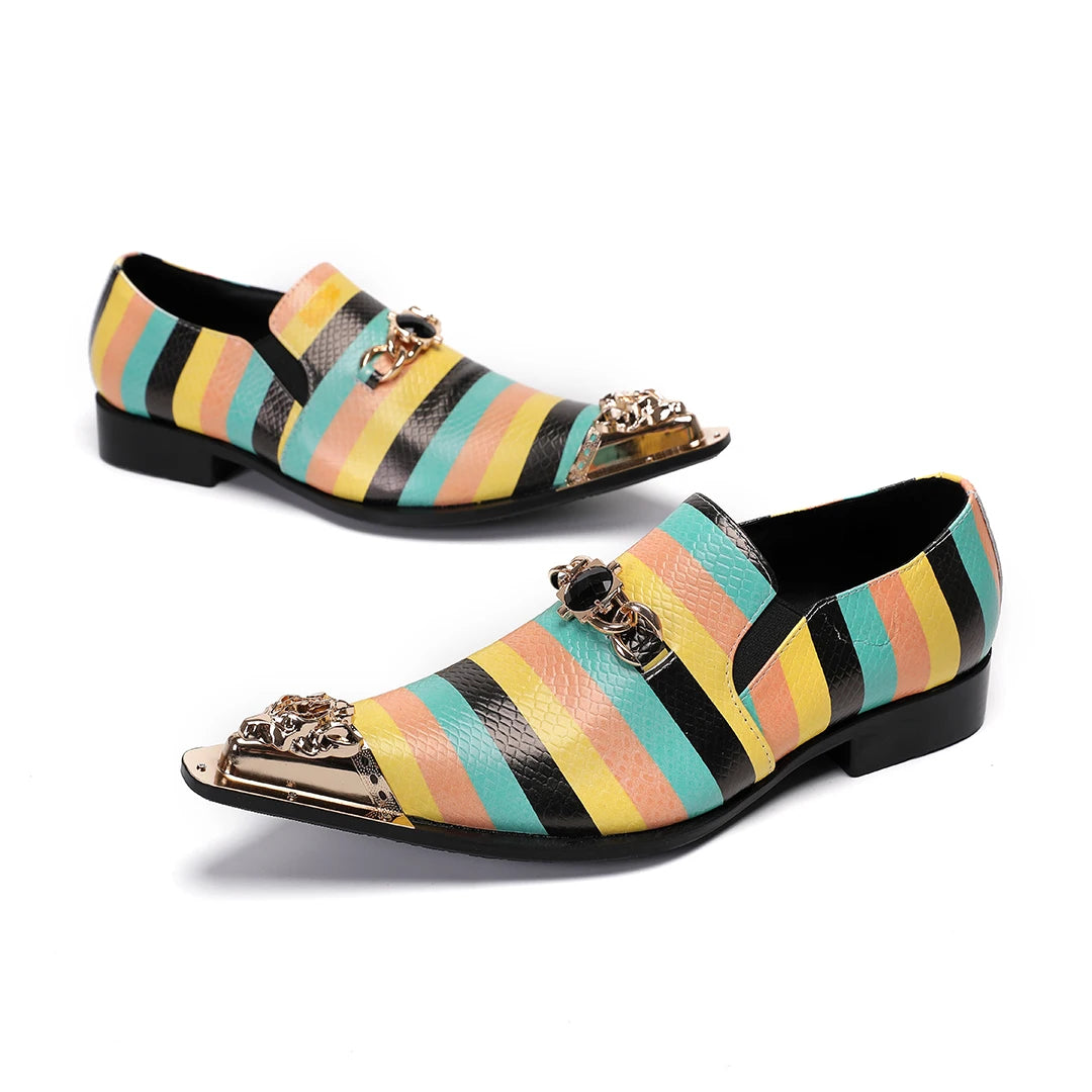 New handmade men's leather shoes with spring and autumn metal pointed printing, fashionable party and wedding men's shoes