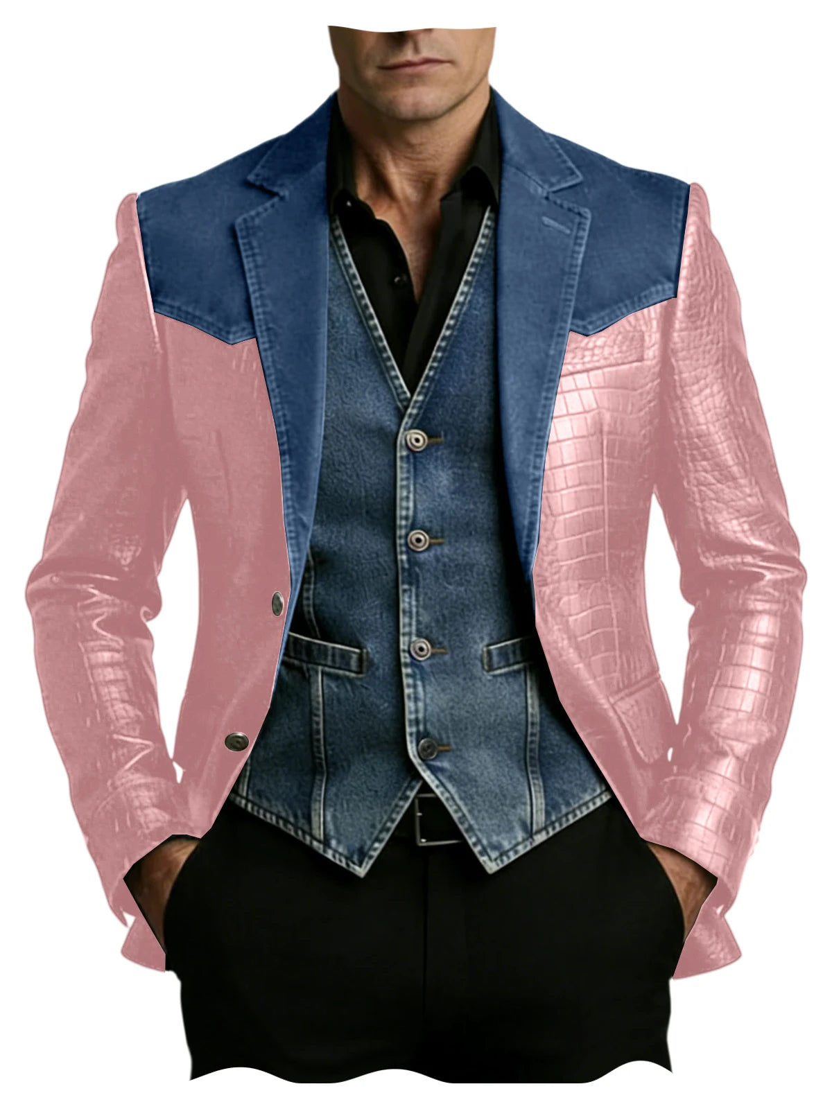 Men's Patchwork Denim & Crocodile Leather Blazer Two-Tone Western Style Suit Jacket Vintage Casual Fashion Coat