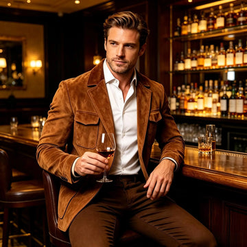 Men's Suede Safari Blazer Slim Fit Notch Lapel Multi-Pocket Hunting Jacket Autumn Winter Casual Business Sport Coat