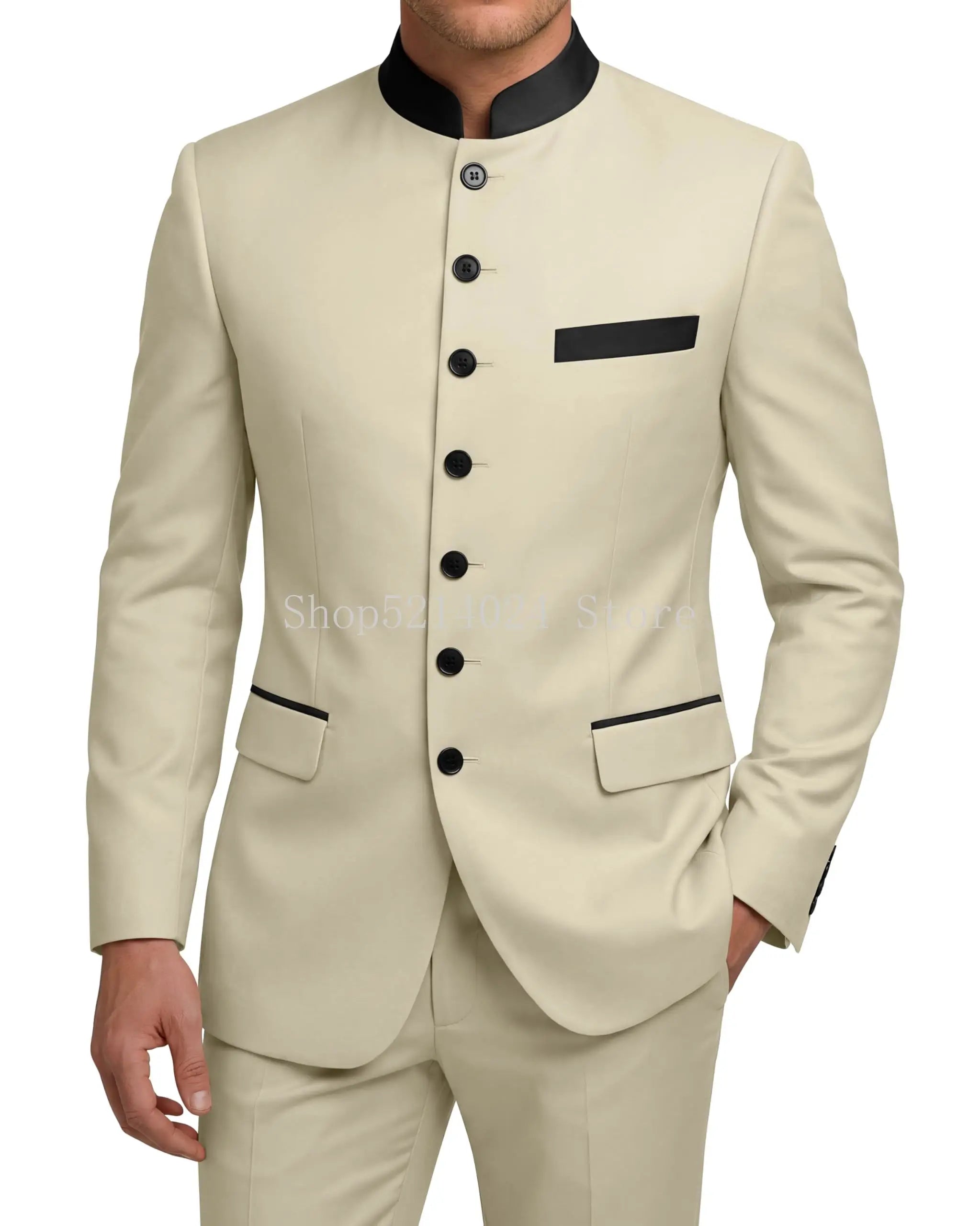 Chinese Tunic Suit Mens 2 Piece Chinese Suits for Men Slim Fit Mandarin Collar Suits for Wedding Prom Party