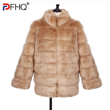 PFHQ Autumn Winter New Men's Faux Fur Plush Coat Stand Collar Long Sleeve Korea Fashion Male Tops New Streetwear 21Z8036