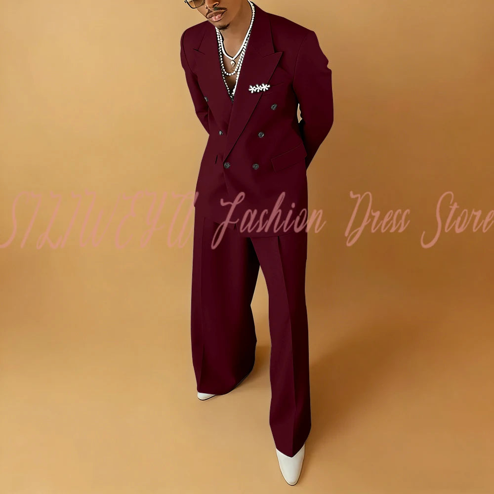 Double Breasted Men Solid Color Suit 2 Pieces Jacket Pants Business Casual Social Party Male Clothing Best Man Costumes Hommes