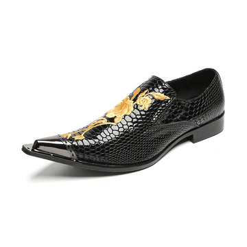 Men's black embroidered floral leather shoes with metal toe caps mid-heels genuine leather uppers and formal party shoes