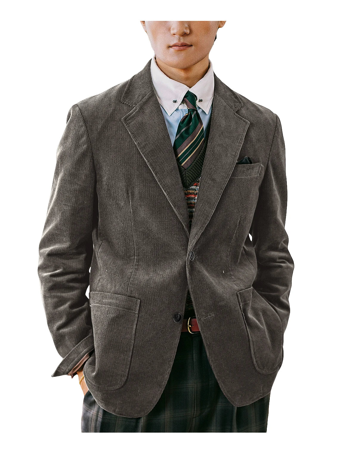 Men's Corduroy Blazer British Style Notched Lapel Casual Slim Fit Suit Jacket For Business Wedding Daily Wear Party
