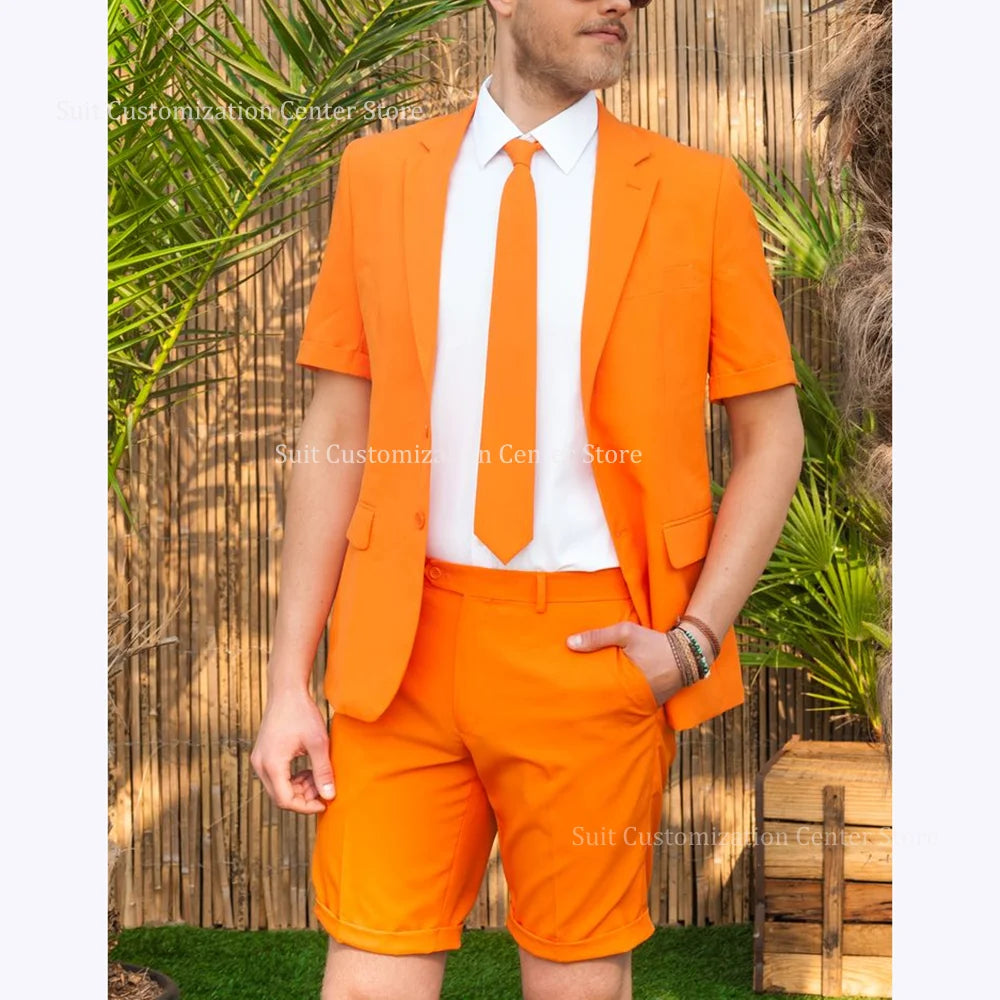 Summer Youthful Energy Suits For Men Chic Short Sleeves Notch Lapel Beach Party Casual Clothing 2 Piece Jacket Short Pants