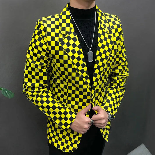 Couleur de couleur jaune noir streetwear chanteur hip hop danseuse manteau costumes de scène hommes single bouton slim costume veste