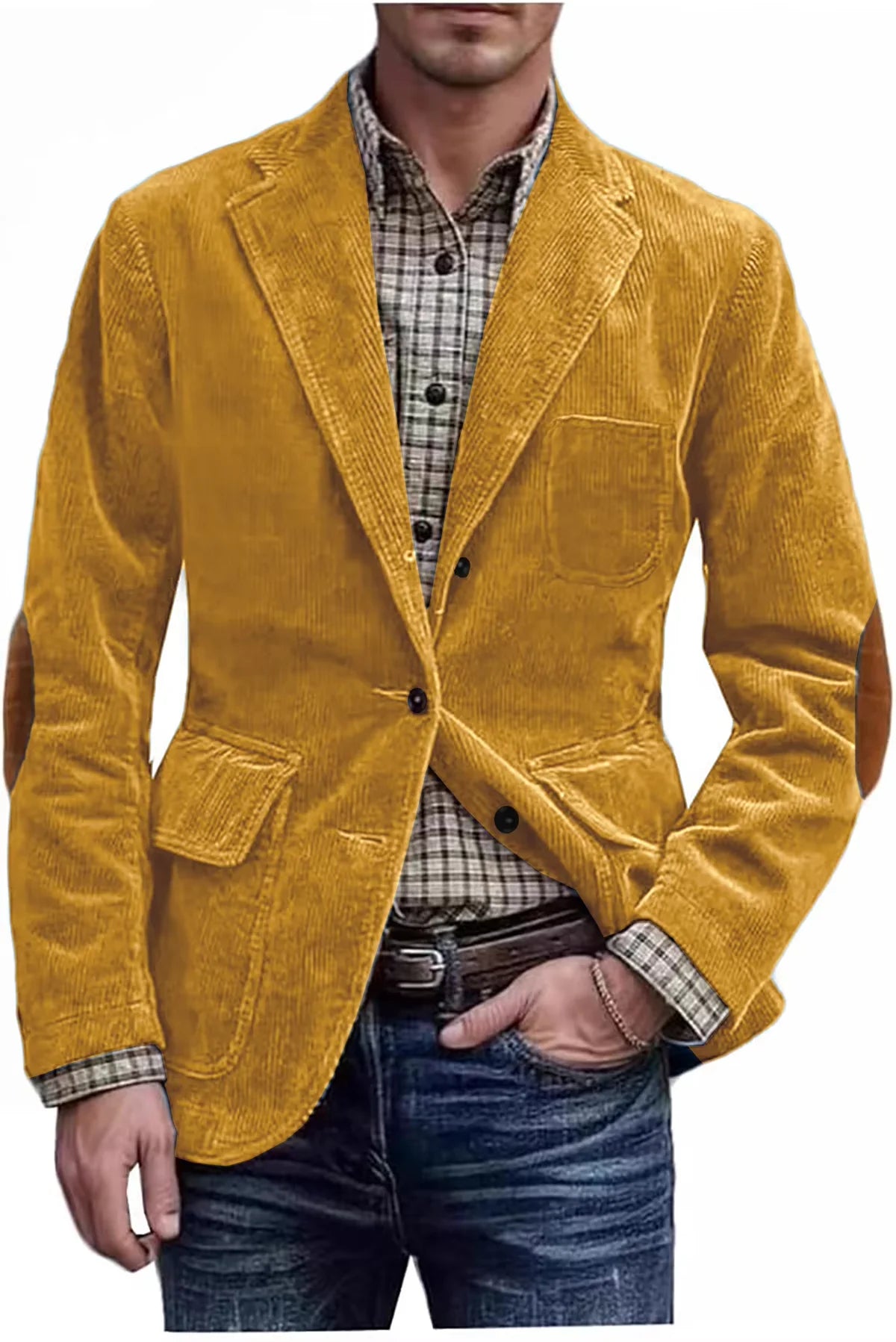 Men's Hunting Corduroy Blazer with Elbow Patches Vintage Tan Notched Lapel Casual Jacket British Slim Fit Daily Work Suit Coat