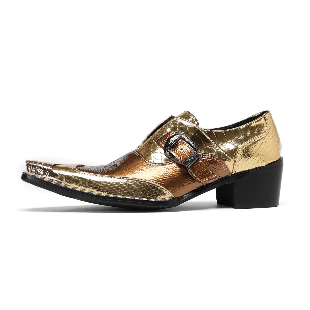 Men's New Le Fu Shoes, Men's Genuine Leather, Gold Pointed Metal Buckle, Rivet Party Business Shoes