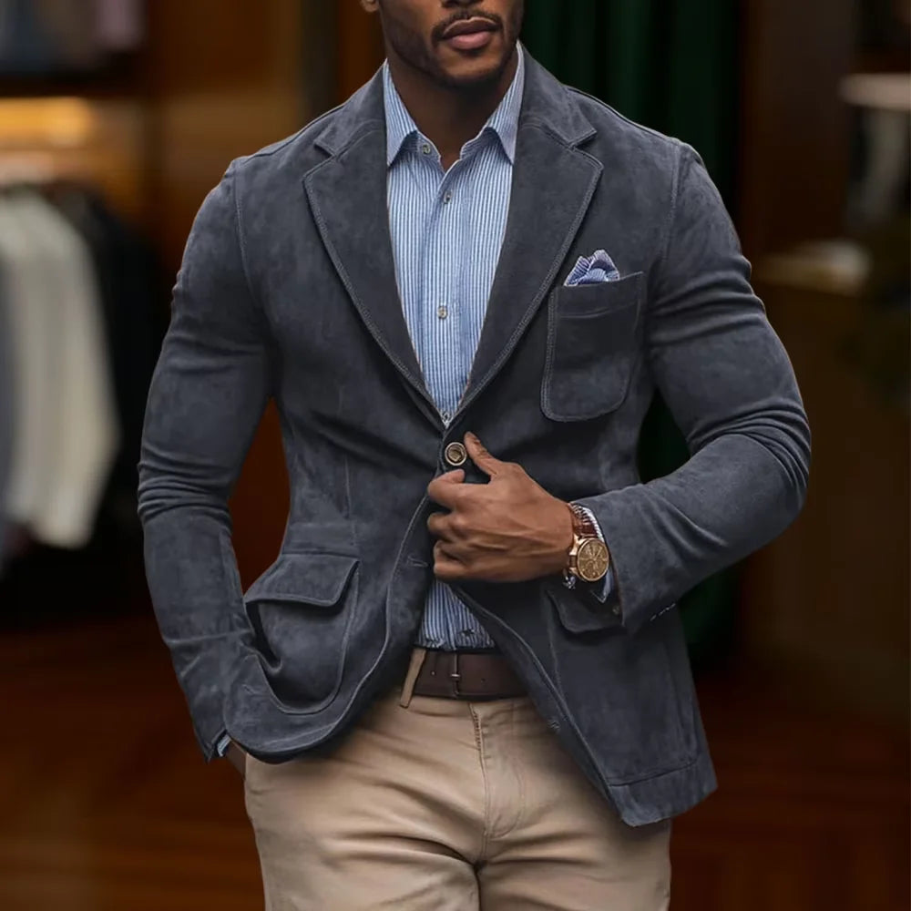 Men's Suede Brown Blazer Vintage Slim Fit Notched Lapel Formal Jacket High Quality Flap Pocket Sport Coat For Business Casual