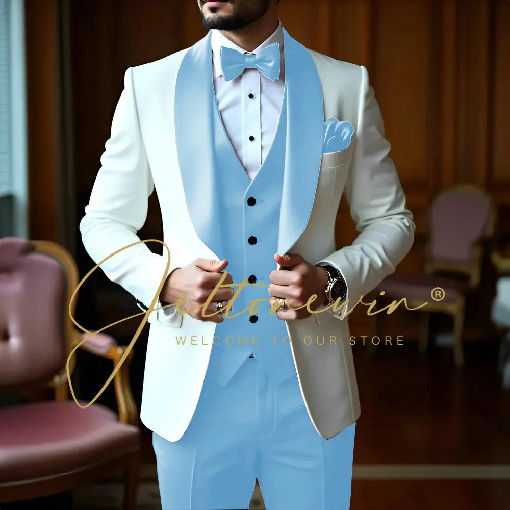 White 3 Pieces Men Suits Slim Fit Shawl Lapel Formal Best Man Wedding Groom Wear Blazer Sets Party Tuxedos Trajes De Hombre