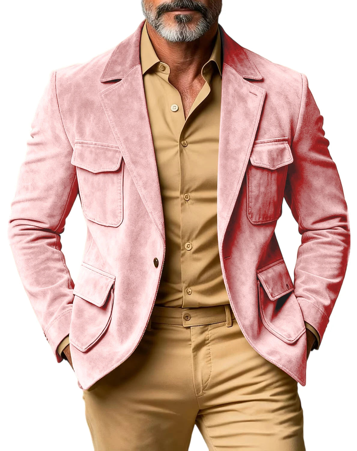Men's Suede Safari Blazer Slim Fit Notch Lapel Multi-Pocket Hunting Jacket Autumn Winter Casual Business Sport Coat