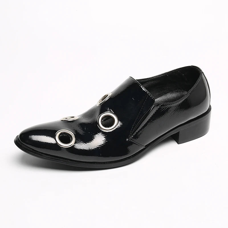 Men's Black Leather Shoes with Metal Hole Decoration  Breathable and Odor Proof High Heels  Formal Wear  Casual Party Shoes