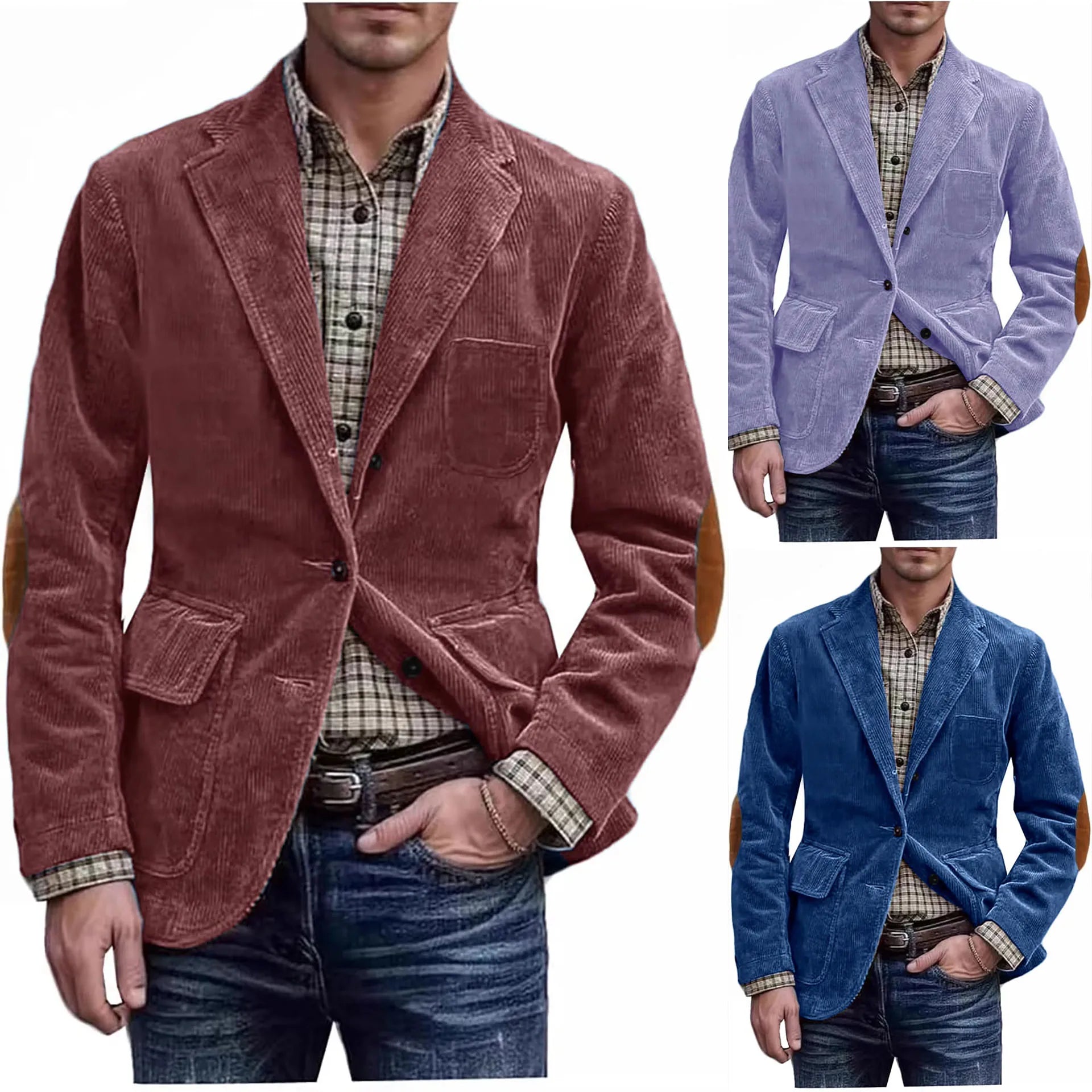 Men's Hunting Corduroy Blazer with Elbow Patches Vintage Tan Notched Lapel Casual Jacket British Slim Fit Daily Work Suit Coat