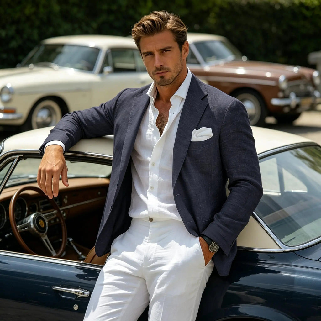 Men's Linen Blend Blazer Notched Lapel Single-Breasted Casual Business Sport Coat Slim Fit Breathable Lightweight Jacket