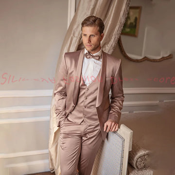 Autumn Winter Satin Men's 3 Pieces Suit Jacket Pants Vest for Wedding Banquet Business Blazer Set Traje De Hombre Elegante