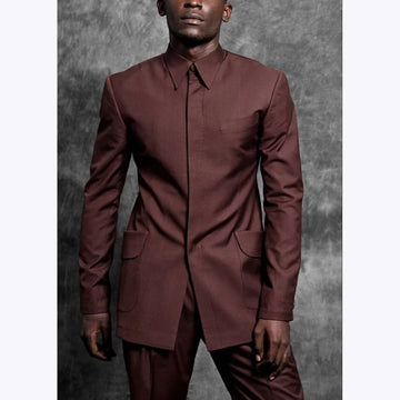 Tailored Suits Stand Collar Tuxedo Gentleman Solid Color Outfit Man Suit Set 2 Piece Smart Casual Daily Office Male Clothing