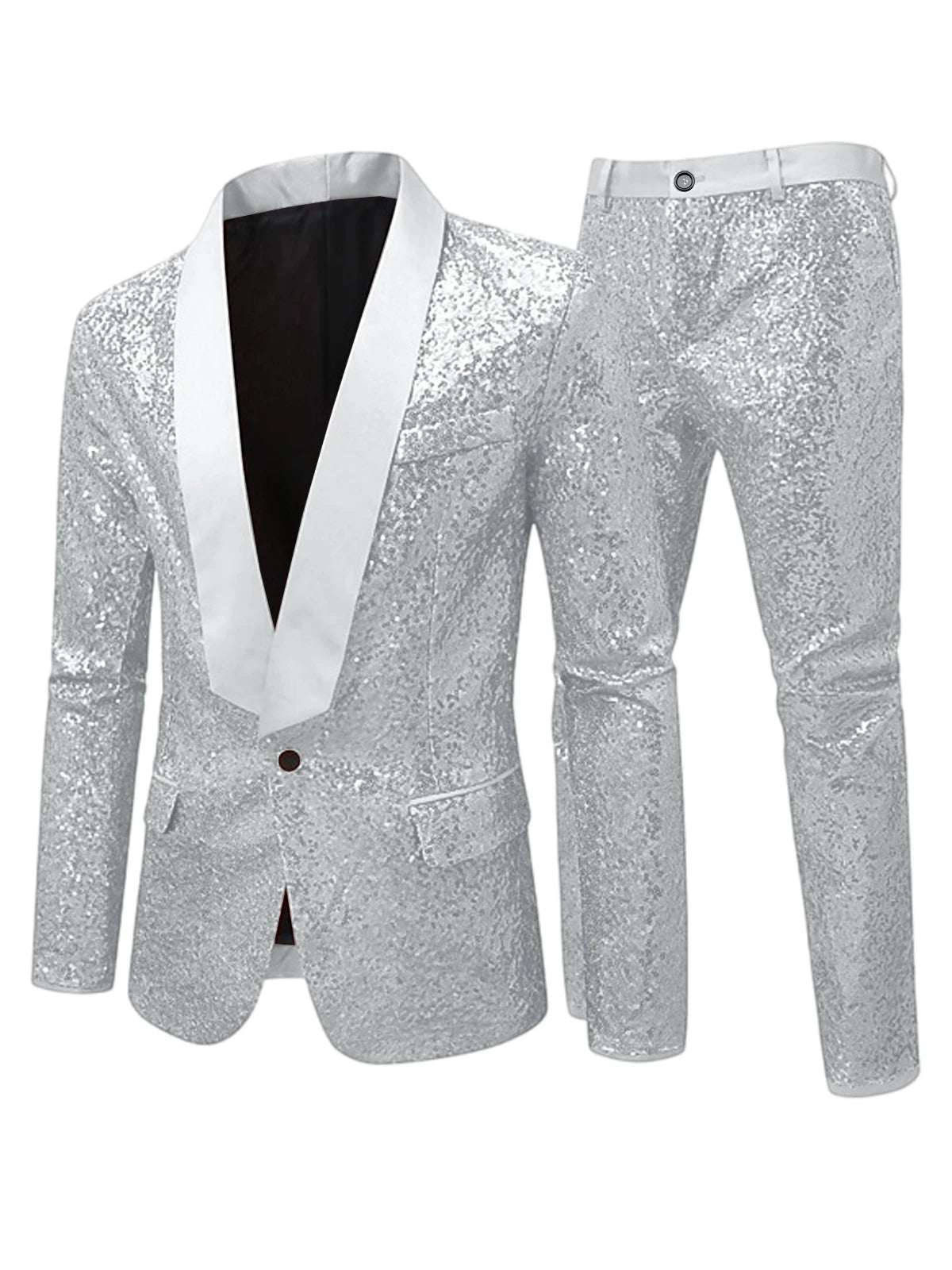 Men's Sequin Tuxedo Suit Set Shiny One Button Satin Patchwork Shawl Lapel Slim Fit 2 Piece Blazer Pants For Wedding Party Prom