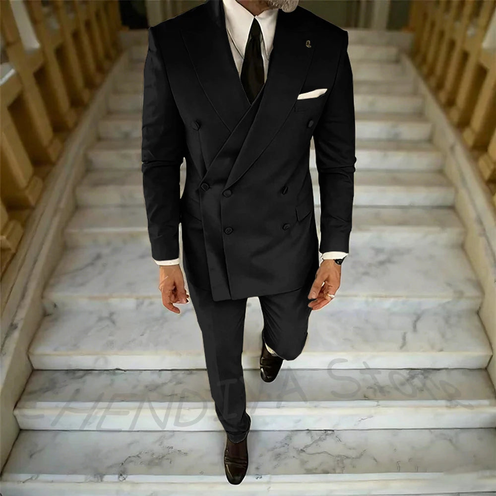 High Quality Peaked Lapel Suit For Men Double Breasted Gentleman Wedding Groom Tuxedo Custom Man Fashion Clothes Set Two Pieces