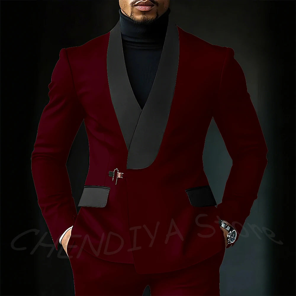 Contrast Color Men's Suit Set 2 Piece Elegant Shawl Lapel Slim Fit Formal Outfit Business Casual Jacket Pants Customized