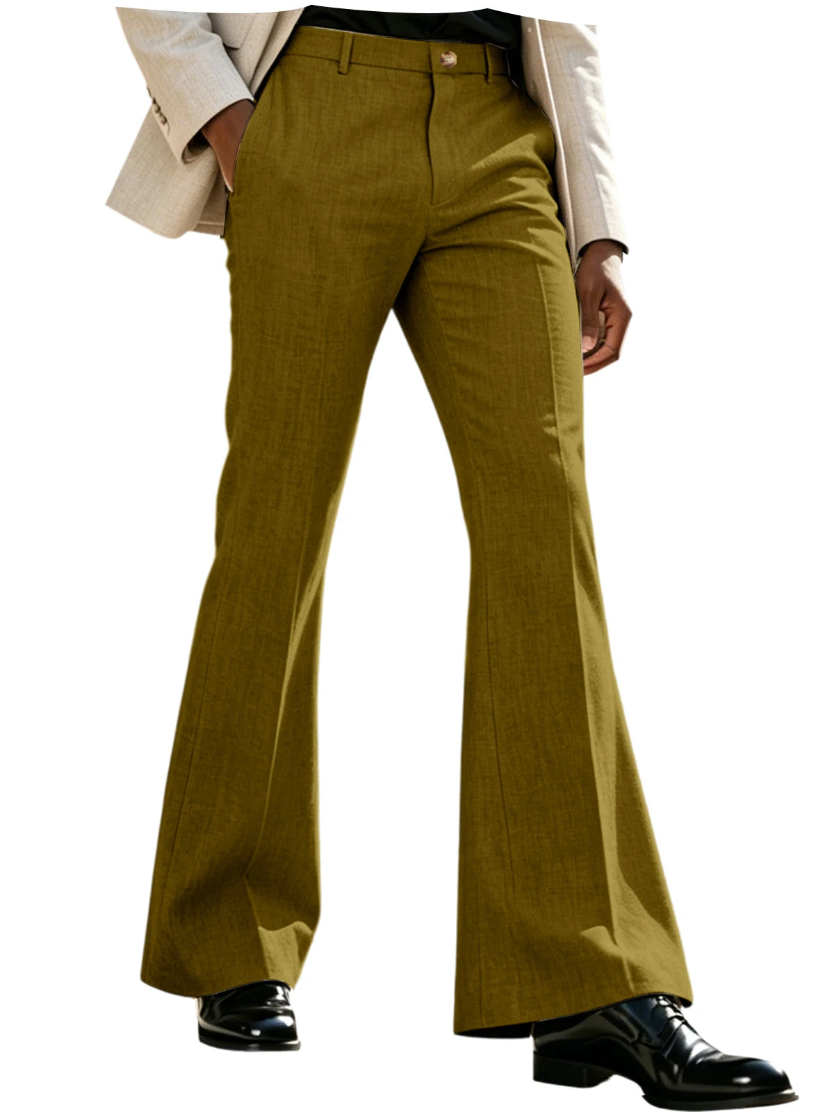 Men's Beige Linen Flare Pants High Waist Bell Bottom Lightweight Wrinkle Resistant Slim Fit Trousers For Summer Business Casual