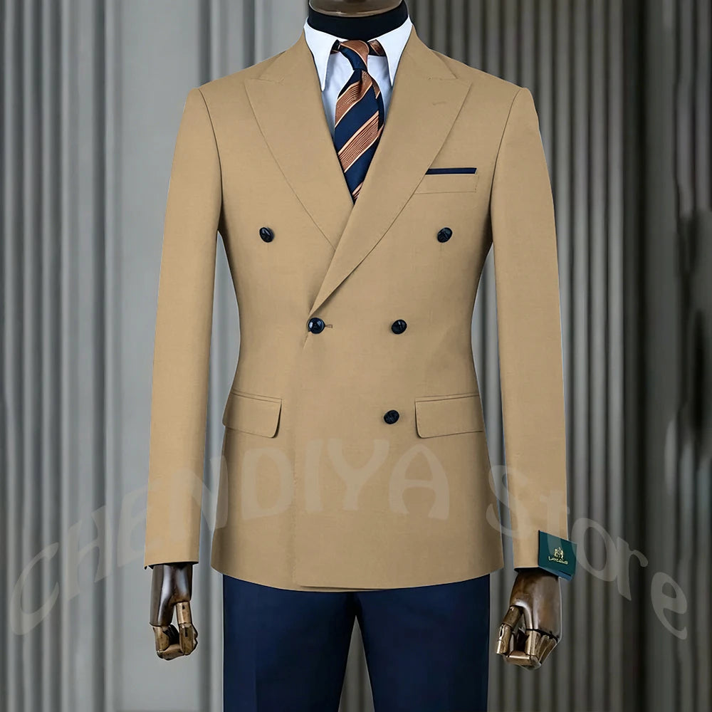 Stylish Men Suits Contrast Color Formal Blazer Male Clothing Double Breasted Business Casual Party Prom Jacket Pants Navy Blue